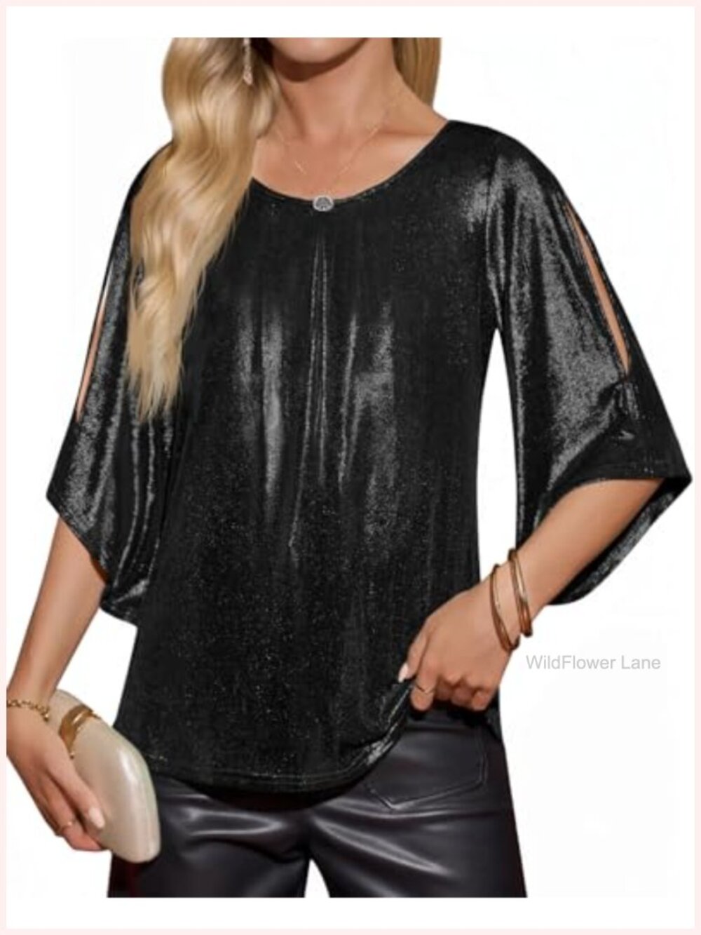 Y2K Glitter Sparkly Crew Neck 3/4 Sleeve Blouse